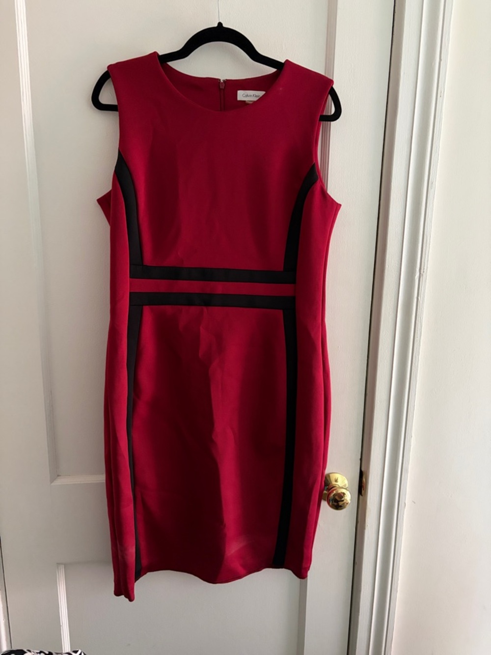 Calvin Klein Red Midi Sheath Dress with Black Accents